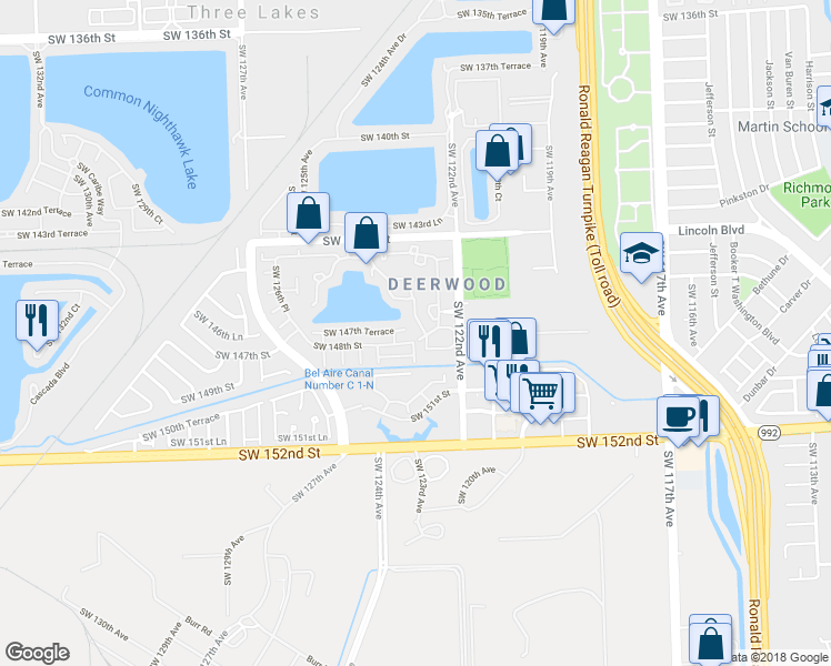 map of restaurants, bars, coffee shops, grocery stores, and more near 12300-12316 Southwest 148th Street in Miami