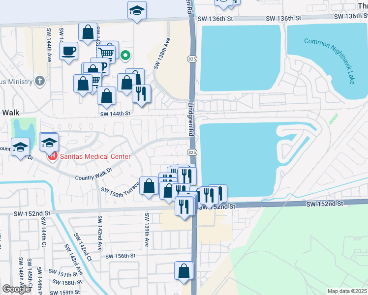 map of restaurants, bars, coffee shops, grocery stores, and more near 13700 Southwest 147th Circle Lane in Miami