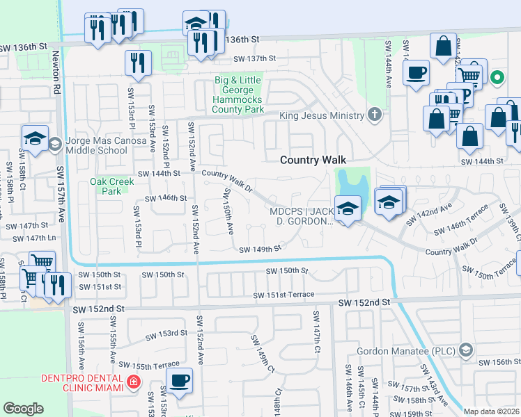 map of restaurants, bars, coffee shops, grocery stores, and more near 14645 Southwest 148th Court in Miami