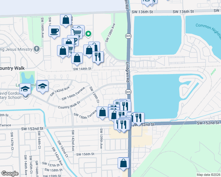map of restaurants, bars, coffee shops, grocery stores, and more near 13754 Southwest 147th Circle Lane in Miami