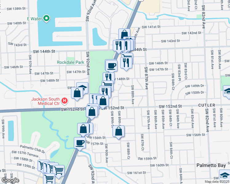map of restaurants, bars, coffee shops, grocery stores, and more near 15000 Southwest 89th Court in Palmetto Bay