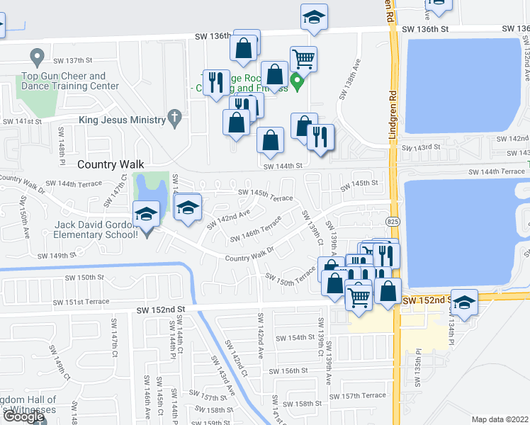 map of restaurants, bars, coffee shops, grocery stores, and more near 14530 Southwest 142nd Court Circle South in Miami