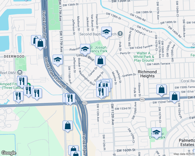 map of restaurants, bars, coffee shops, grocery stores, and more near 14685 Dunbar Drive in Miami