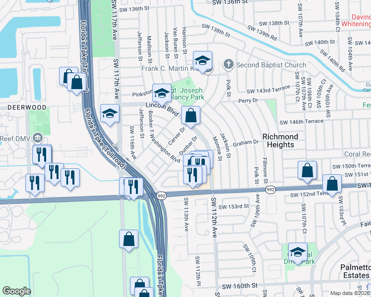 map of restaurants, bars, coffee shops, grocery stores, and more near 14685 Dunbar Drive in Miami