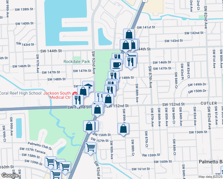 map of restaurants, bars, coffee shops, grocery stores, and more near 15001 South Dixie Highway in Miami