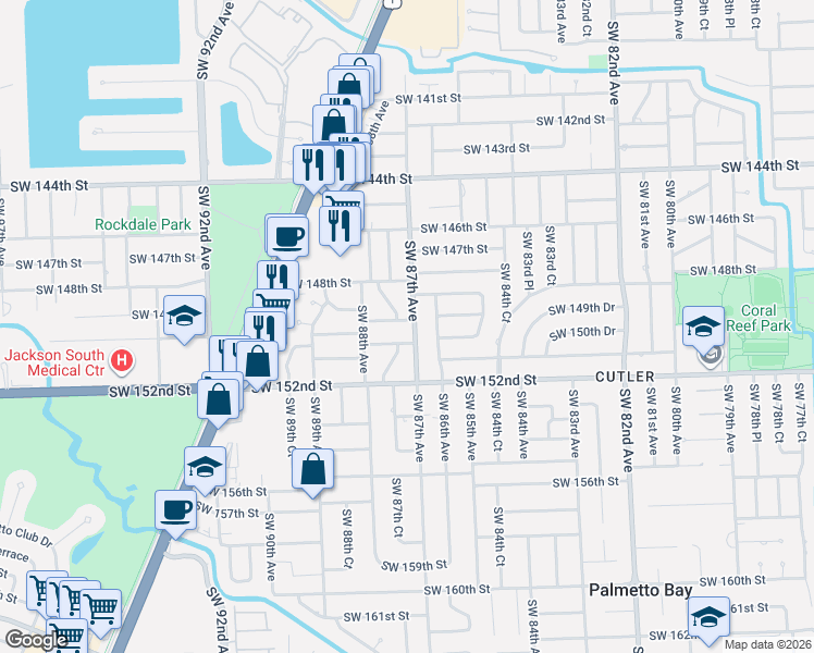 map of restaurants, bars, coffee shops, grocery stores, and more near 8700 Southwest 150th Terrace in Palmetto Bay