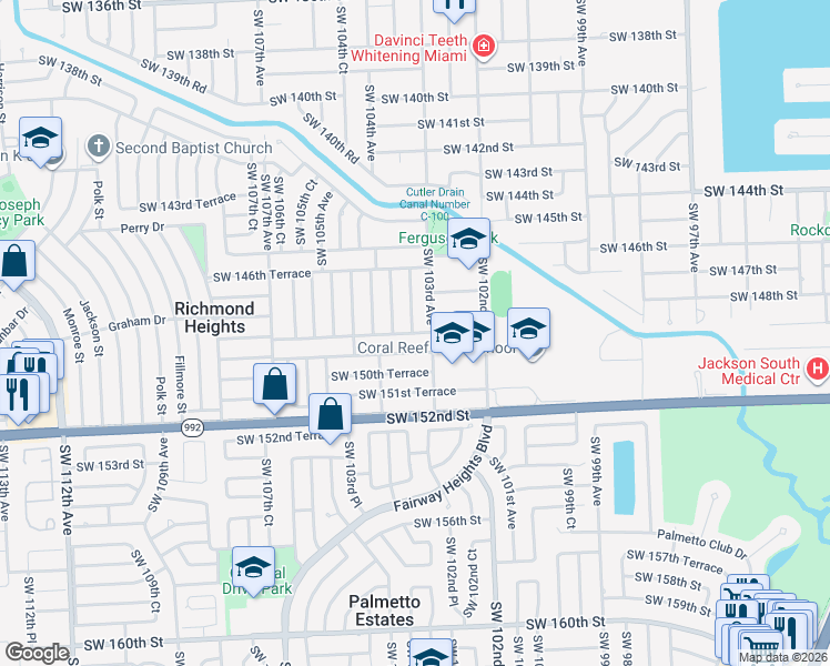 map of restaurants, bars, coffee shops, grocery stores, and more near 10335 Southwest 149th Terrace in Miami