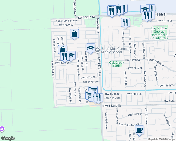map of restaurants, bars, coffee shops, grocery stores, and more near 15808 Southwest 146th Terrace in Miami