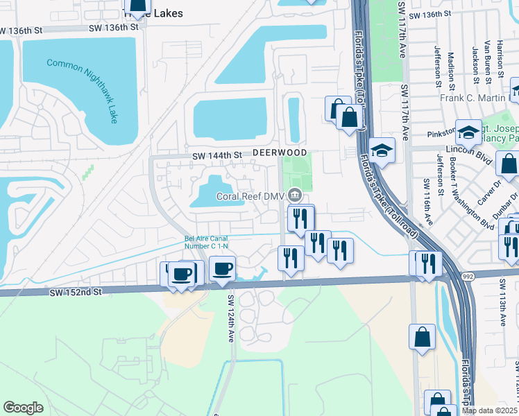 map of restaurants, bars, coffee shops, grocery stores, and more near 12307 Southwest 148th Terrace in Miami