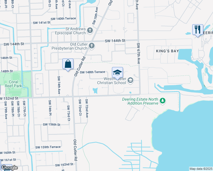 map of restaurants, bars, coffee shops, grocery stores, and more near 15111 Southwest 69th Court in Palmetto Bay