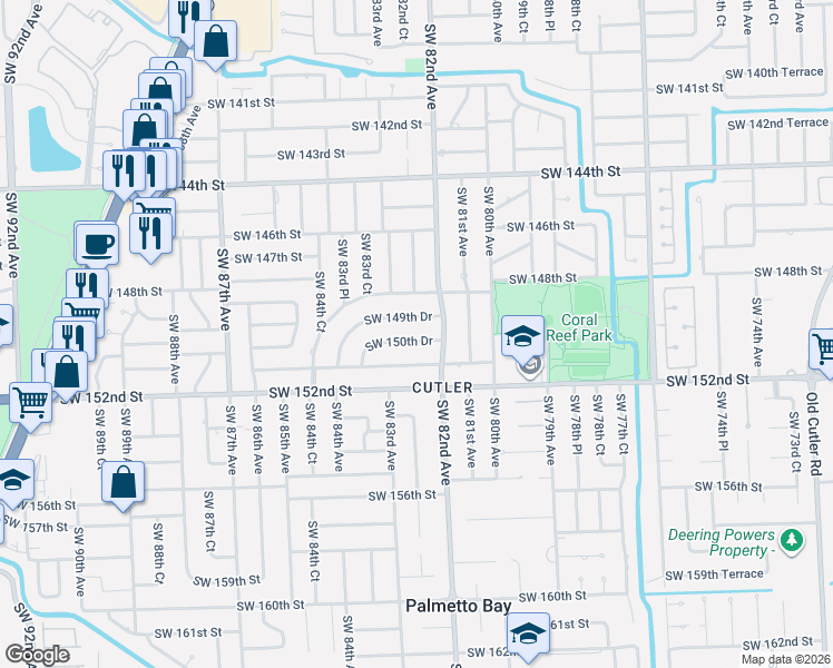 map of restaurants, bars, coffee shops, grocery stores, and more near 8235 Southwest 151st Street in Palmetto Bay