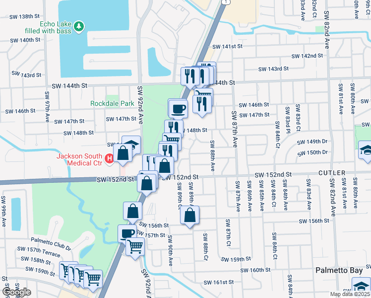 map of restaurants, bars, coffee shops, grocery stores, and more near 15000 Southwest 89th Court in Palmetto Bay