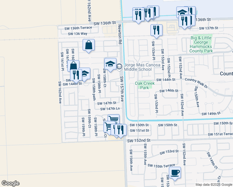 map of restaurants, bars, coffee shops, grocery stores, and more near 15746 Southwest 146th Terrace in Miami
