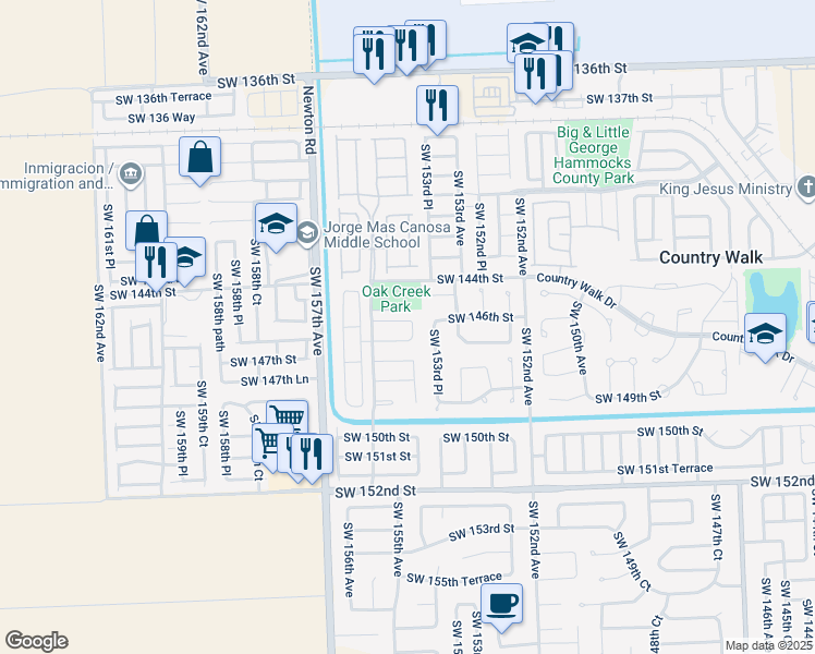 map of restaurants, bars, coffee shops, grocery stores, and more near 15426 Southwest 146th Terrace in Miami