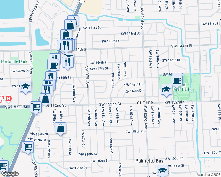 map of restaurants, bars, coffee shops, grocery stores, and more near 8425 Southwest 148th Drive in Palmetto Bay