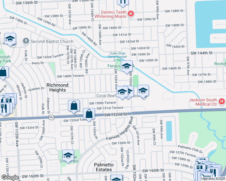map of restaurants, bars, coffee shops, grocery stores, and more near 14800 Southwest 103rd Court in Miami