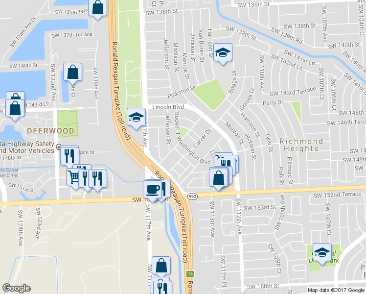 map of restaurants, bars, coffee shops, grocery stores, and more near 11410 Southwest 147th Street in Miami