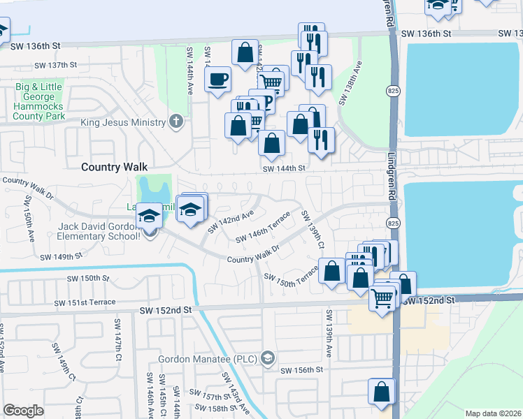 map of restaurants, bars, coffee shops, grocery stores, and more near 14150 Southwest 145th Terrace in Miami