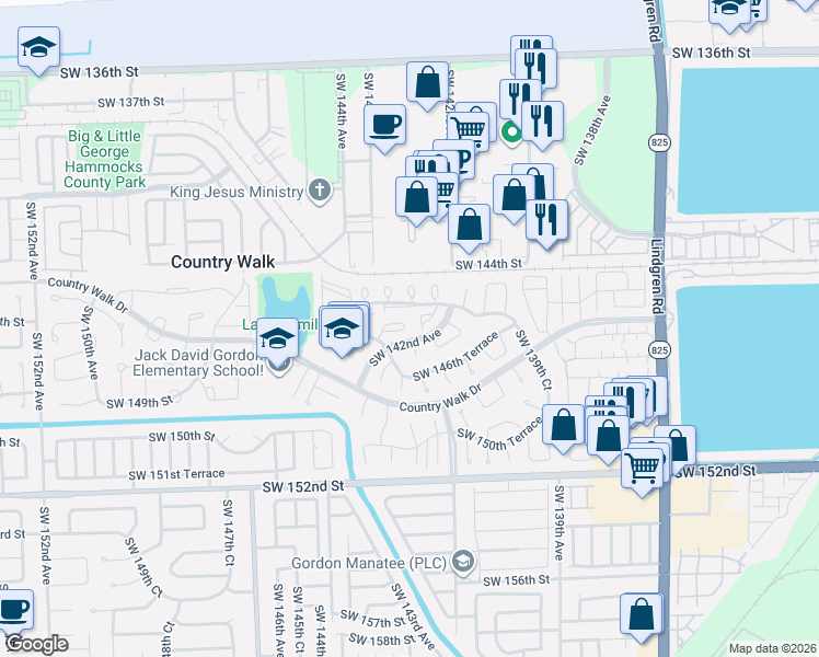 map of restaurants, bars, coffee shops, grocery stores, and more near 14534 Southwest 142nd Court Circle in Miami