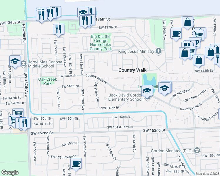 map of restaurants, bars, coffee shops, grocery stores, and more near 14510 Southwest 148th Court in Miami
