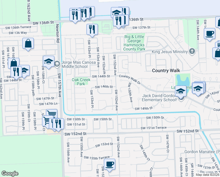 map of restaurants, bars, coffee shops, grocery stores, and more near 14553 Southwest 152nd Place in Miami