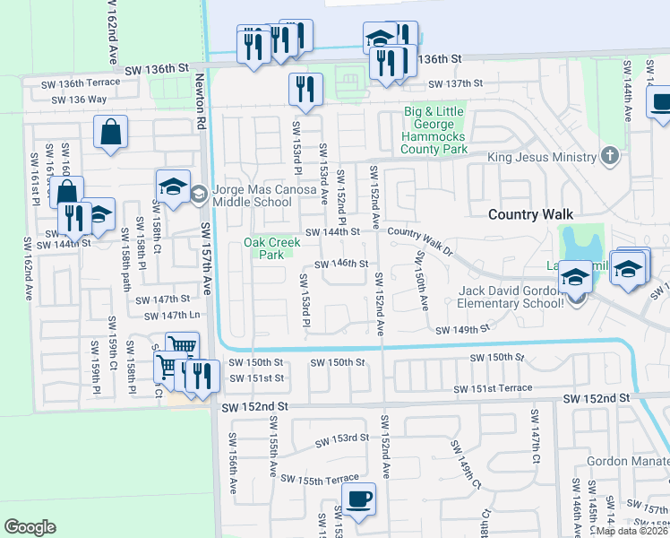 map of restaurants, bars, coffee shops, grocery stores, and more near 14553 Southwest 152nd Place in Miami