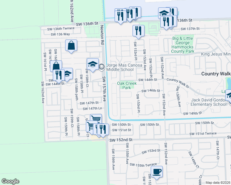 map of restaurants, bars, coffee shops, grocery stores, and more near 14460 Southwest 156th Avenue in Miami