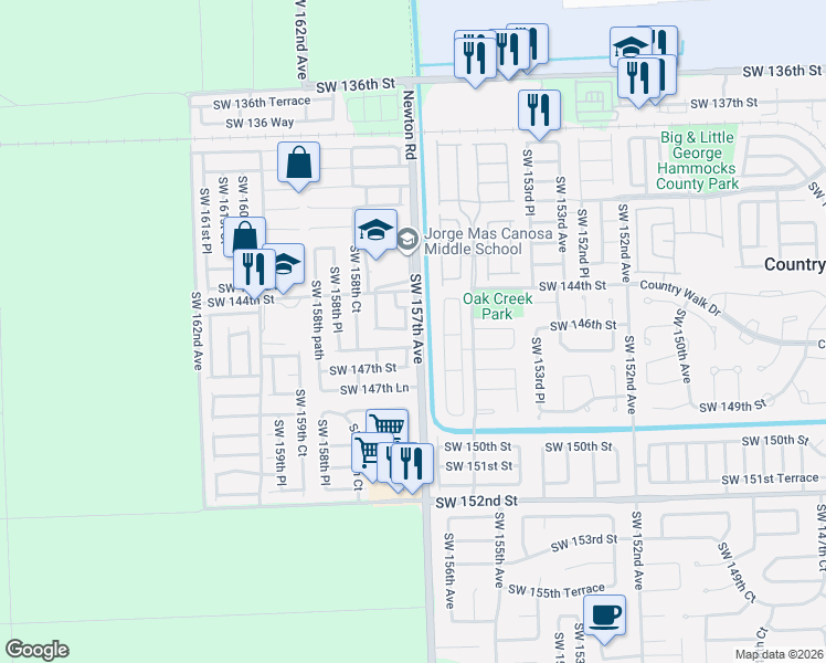 map of restaurants, bars, coffee shops, grocery stores, and more near 15742 Southwest 144th Terrace in Miami