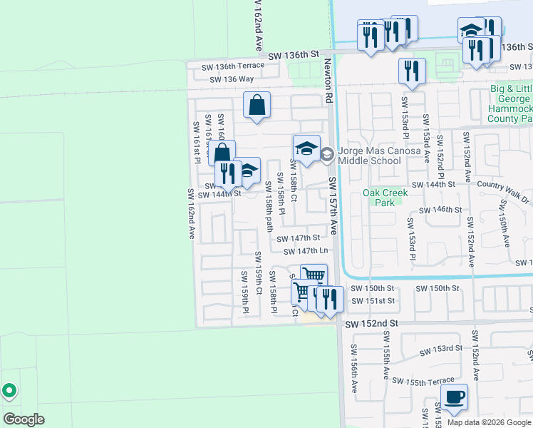 map of restaurants, bars, coffee shops, grocery stores, and more near 14455 Southwest 158th path in Miami