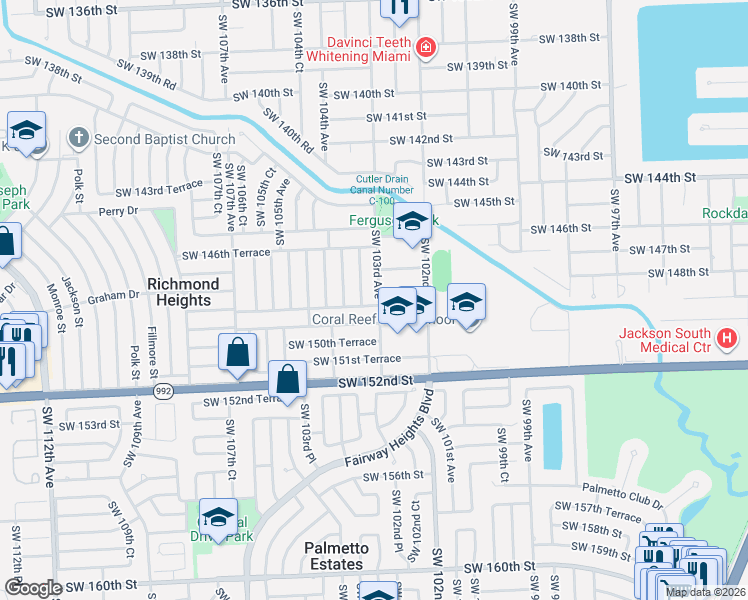 map of restaurants, bars, coffee shops, grocery stores, and more near 14830 Southwest 103rd Avenue in Miami