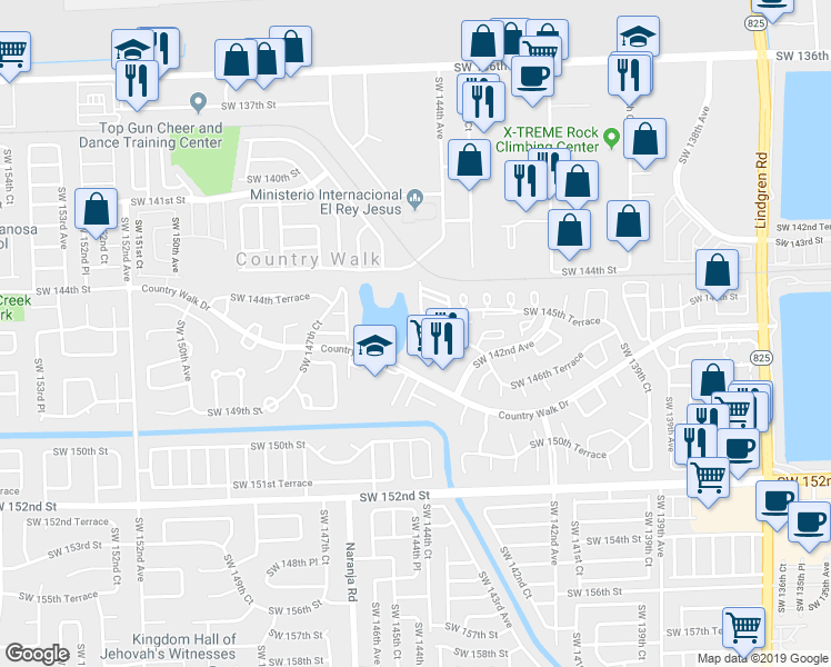 map of restaurants, bars, coffee shops, grocery stores, and more near 14540 Southwest 145th Place in Miami