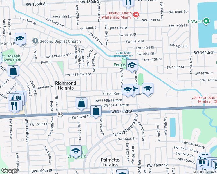 map of restaurants, bars, coffee shops, grocery stores, and more near 14720 Southwest 104th Avenue in Miami