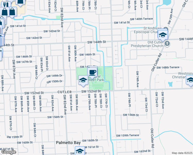 map of restaurants, bars, coffee shops, grocery stores, and more near 7895 SW 152nd St in Palmetto Bay