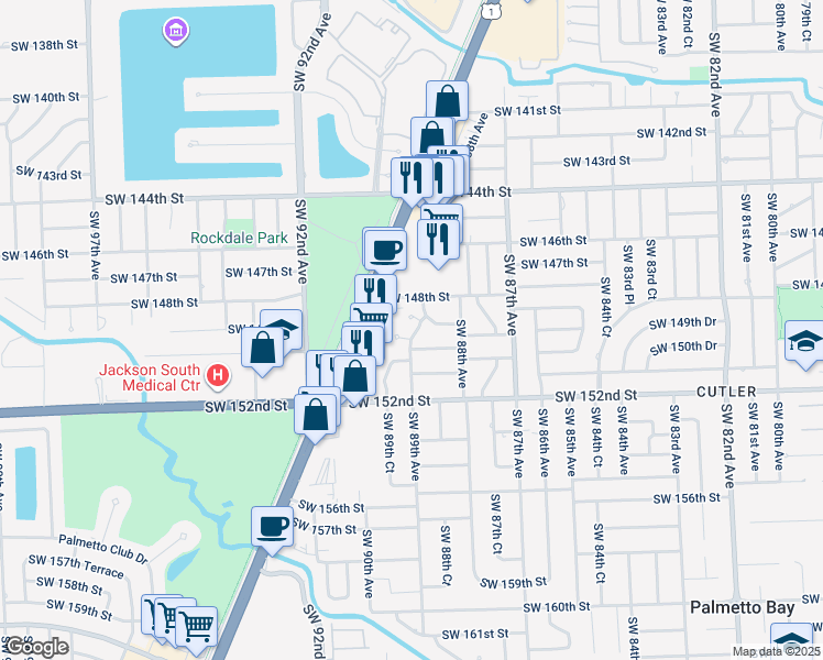 map of restaurants, bars, coffee shops, grocery stores, and more near 8861 Southwest 149th Street in Palmetto Bay