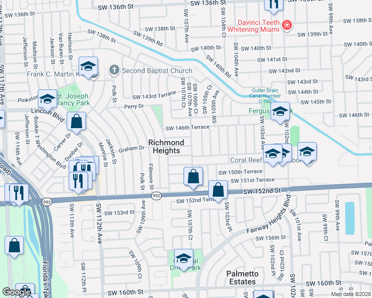 map of restaurants, bars, coffee shops, grocery stores, and more near 10711 Southwest 148th Street in Miami