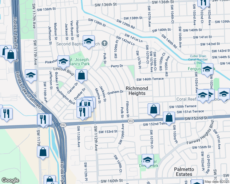 map of restaurants, bars, coffee shops, grocery stores, and more near Tyler Street in Miami