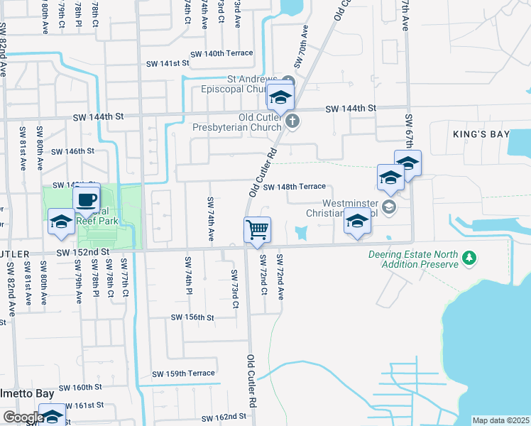 map of restaurants, bars, coffee shops, grocery stores, and more near 14901 Southwest 72nd Court in Palmetto Bay