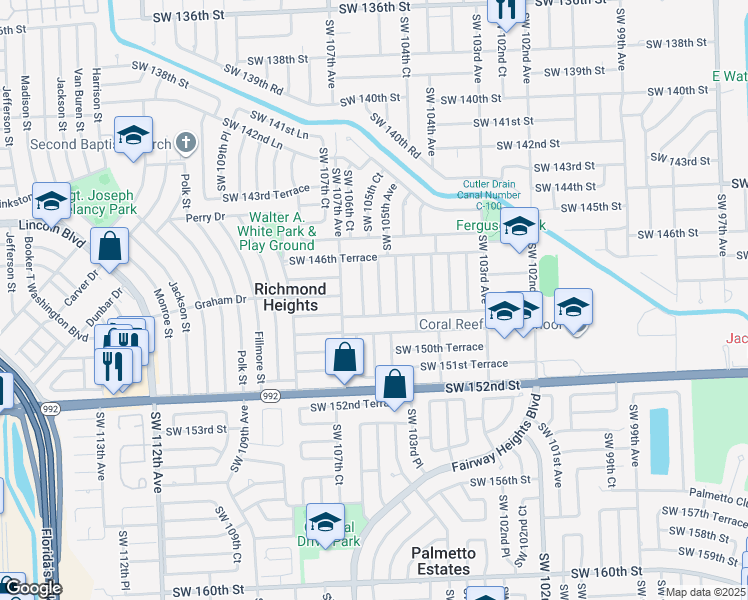 map of restaurants, bars, coffee shops, grocery stores, and more near 14721 Southwest 106th Avenue in Miami