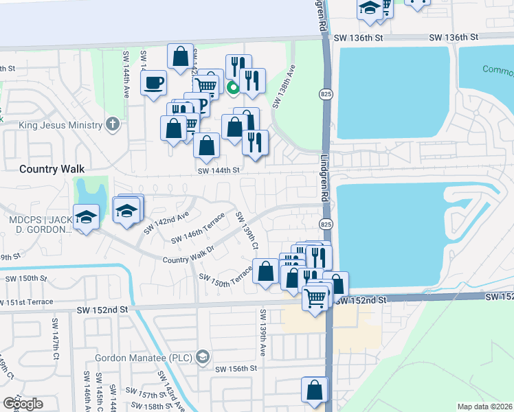 map of restaurants, bars, coffee shops, grocery stores, and more near 14505 Southwest 139th Avenue Circle West in Miami