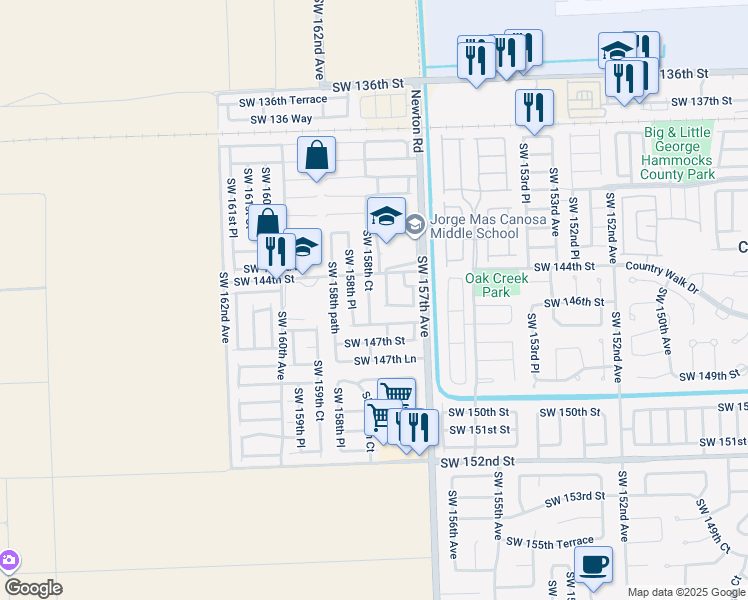 map of restaurants, bars, coffee shops, grocery stores, and more near 14503 Southwest 158th Court in Miami