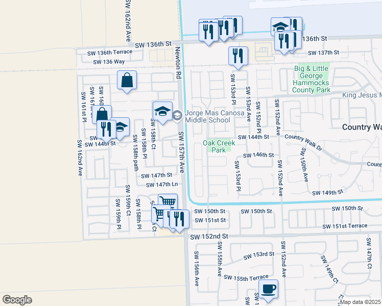 map of restaurants, bars, coffee shops, grocery stores, and more near 14530 Southwest 156th Avenue in Miami