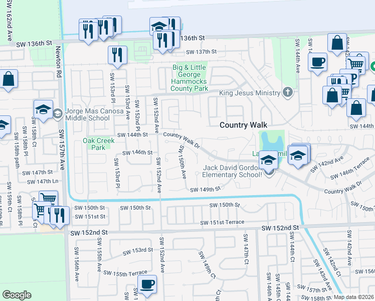 map of restaurants, bars, coffee shops, grocery stores, and more near 14925 Southwest 145th Street in Miami