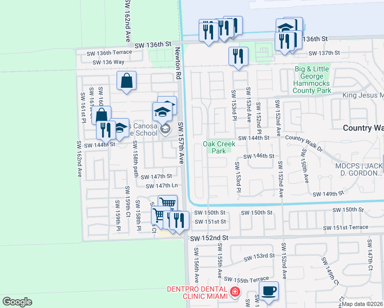 map of restaurants, bars, coffee shops, grocery stores, and more near 14460 Southwest 156th Avenue in Miami