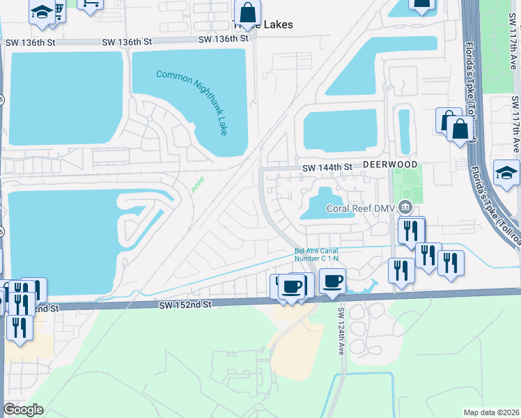 map of restaurants, bars, coffee shops, grocery stores, and more near 14625 Southwest 127th Court in Miami