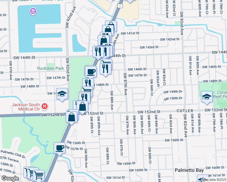 map of restaurants, bars, coffee shops, grocery stores, and more near 14855 Southwest 88th Avenue in Palmetto Bay