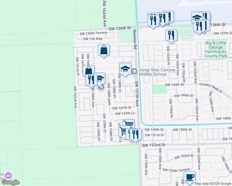 map of restaurants, bars, coffee shops, grocery stores, and more near 14451 Southwest 158th Court in Miami