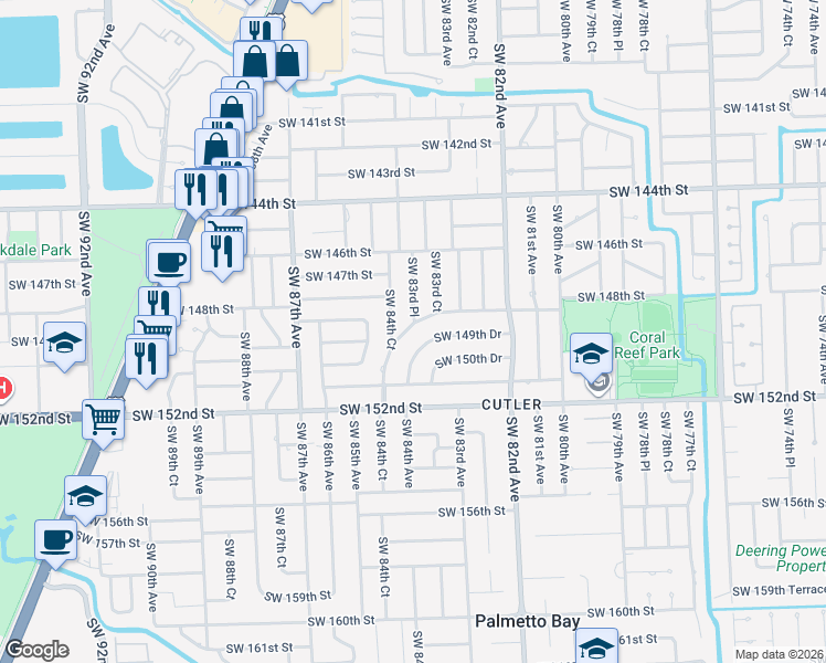map of restaurants, bars, coffee shops, grocery stores, and more near 8360 Southwest 148th Drive in Palmetto Bay