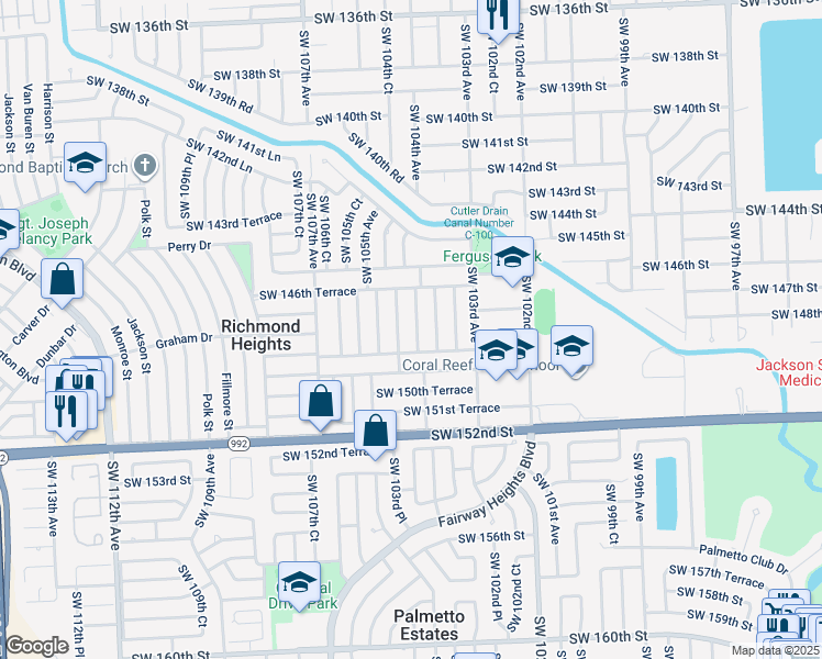 map of restaurants, bars, coffee shops, grocery stores, and more near 14720 Southwest 104th Avenue in Miami