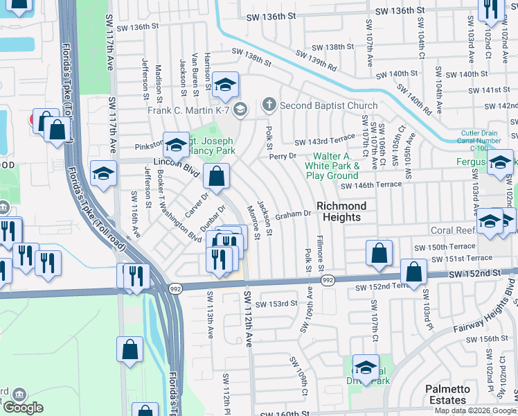 map of restaurants, bars, coffee shops, grocery stores, and more near 14720 Harrison Street in Miami