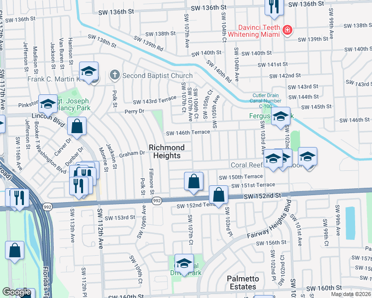 map of restaurants, bars, coffee shops, grocery stores, and more near 10711 Southwest 148th Street in Miami